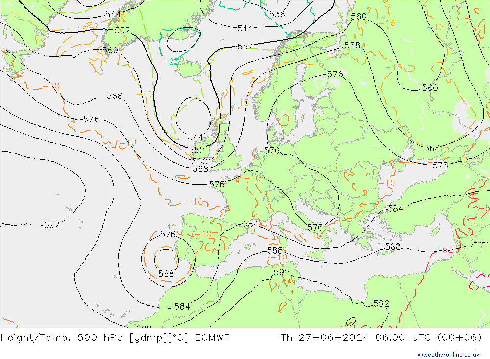 Z500/Rain (+SLP)/Z850 ECMWF 星期四 27.06.2024 06 UTC