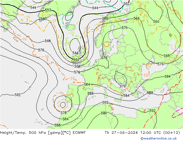 Z500/Rain (+SLP)/Z850 ECMWF jue 27.06.2024 12 UTC