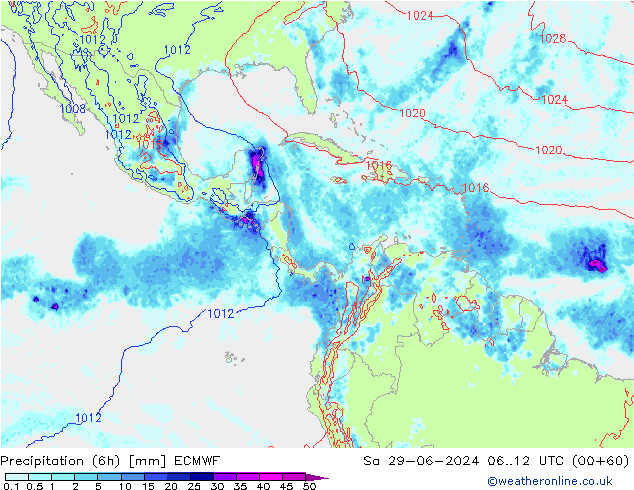 Totale neerslag (6h) ECMWF za 29.06.2024 12 UTC