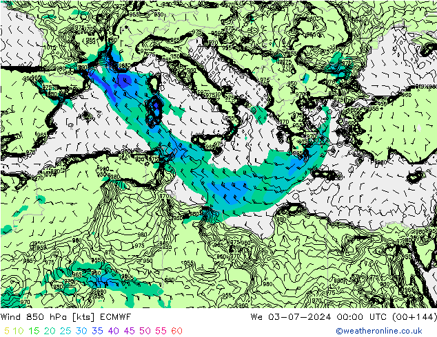 Wind 850 hPa ECMWF wo 03.07.2024 00 UTC