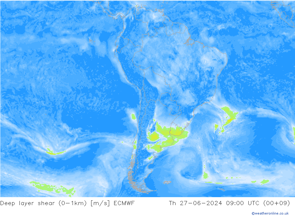 Deep layer shear (0-1km) ECMWF do 27.06.2024 09 UTC