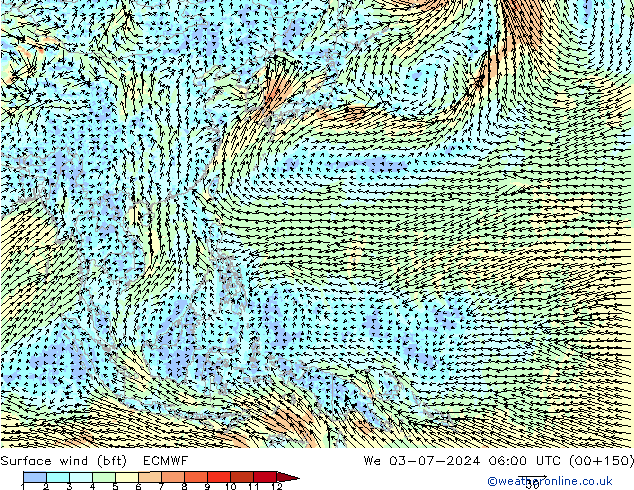 Wind 10 m (bft) ECMWF wo 03.07.2024 06 UTC
