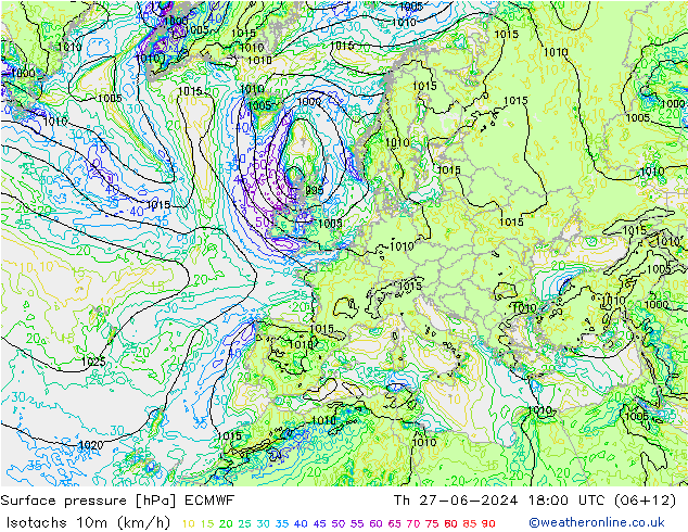 10米等风速线 (kph) ECMWF 星期四 27.06.2024 18 UTC