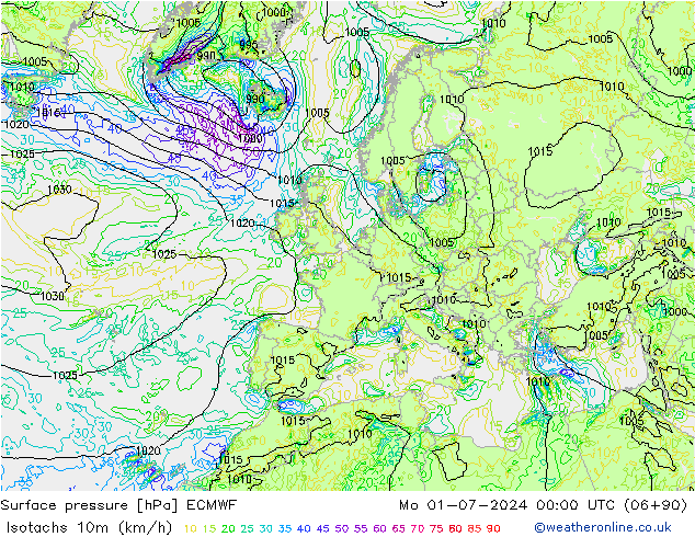 Isotachen (km/h) ECMWF ma 01.07.2024 00 UTC