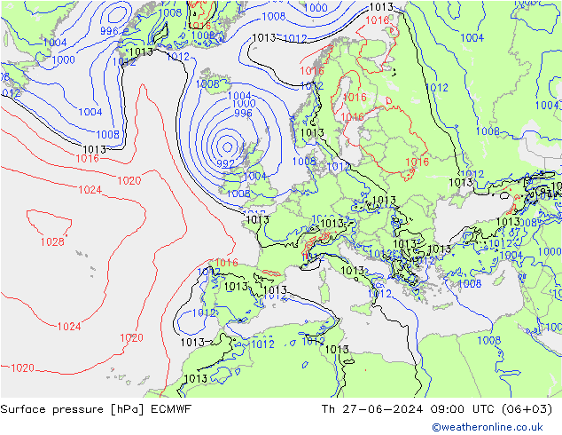 Presión superficial ECMWF jue 27.06.2024 09 UTC