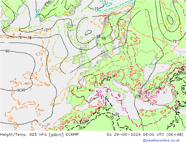 Height/Temp. 925 hPa ECMWF 星期六 29.06.2024 06 UTC