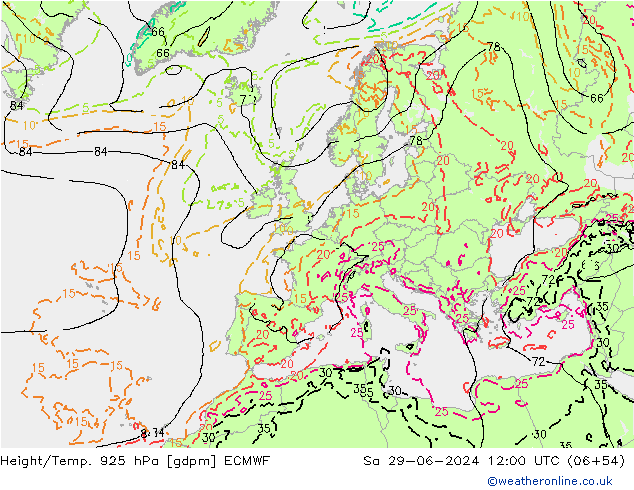 Height/Temp. 925 hPa ECMWF 星期六 29.06.2024 12 UTC