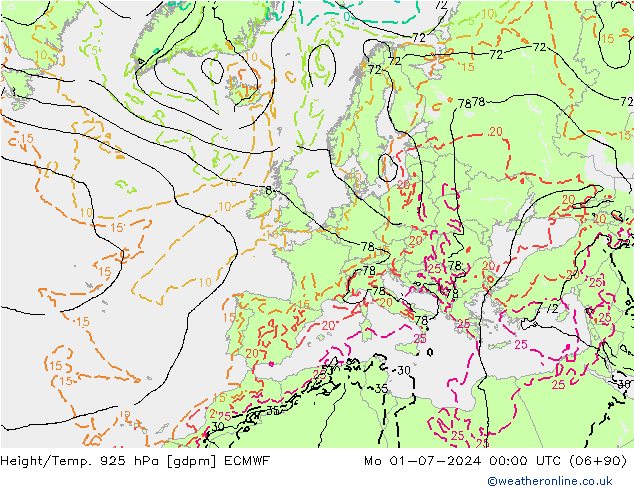 Hoogte/Temp. 925 hPa ECMWF ma 01.07.2024 00 UTC