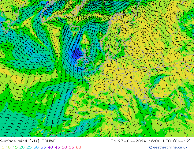 ветер 10 m ECMWF чт 27.06.2024 18 UTC