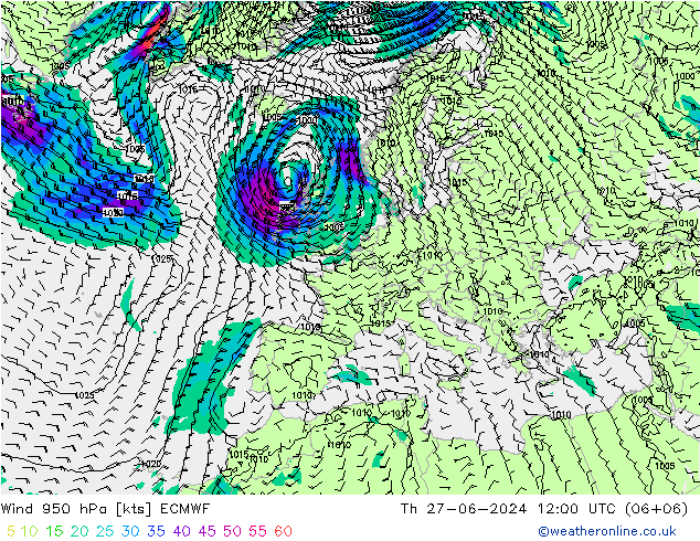 风 950 hPa ECMWF 星期四 27.06.2024 12 UTC