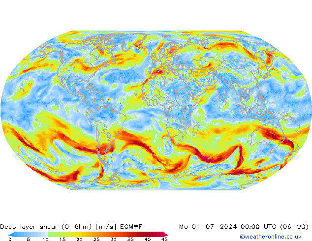 Deep layer shear (0-6km) ECMWF пн 01.07.2024 00 UTC