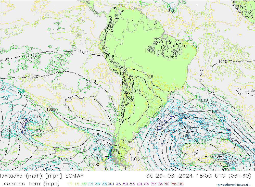 Isotachen (mph) ECMWF za 29.06.2024 18 UTC