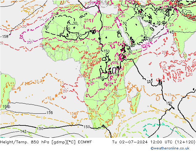 Hoogte/Temp. 850 hPa ECMWF di 02.07.2024 12 UTC