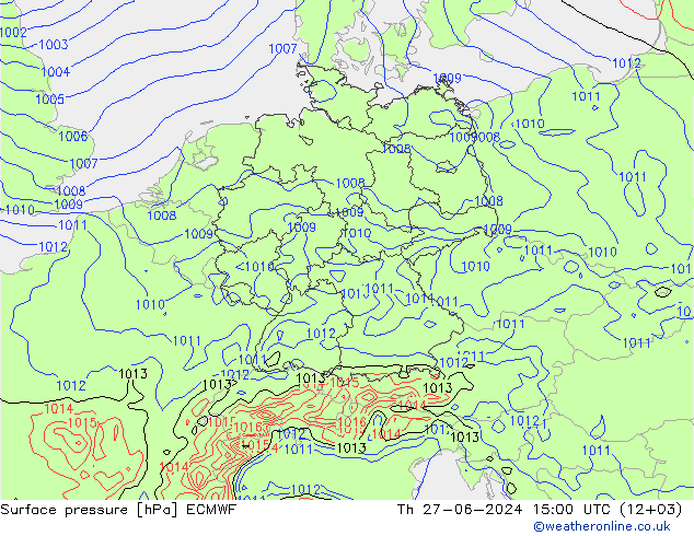 地面气压 ECMWF 星期四 27.06.2024 15 UTC