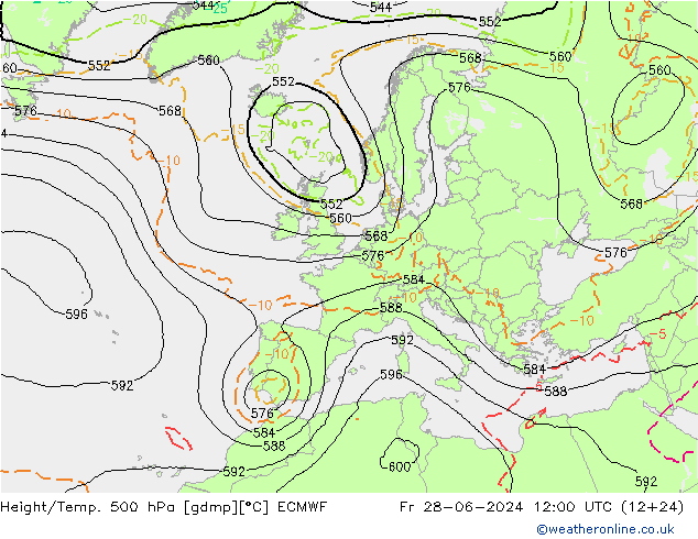 Z500/Rain (+SLP)/Z850 ECMWF Fr 28.06.2024 12 UTC