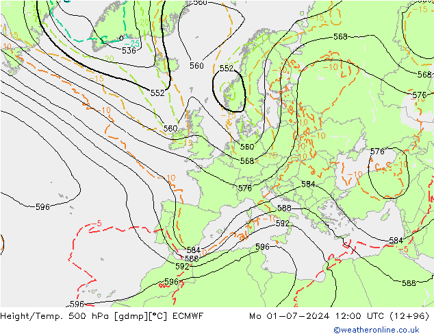Hoogte/Temp. 500 hPa ECMWF ma 01.07.2024 12 UTC