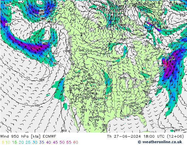 风 950 hPa ECMWF 星期四 27.06.2024 18 UTC