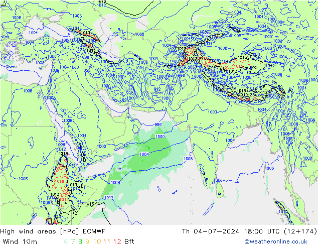 High wind areas ECMWF 星期四 04.07.2024 18 UTC
