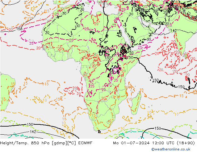 Hoogte/Temp. 850 hPa ECMWF ma 01.07.2024 12 UTC