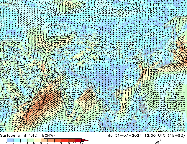 Wind 10 m (bft) ECMWF ma 01.07.2024 12 UTC