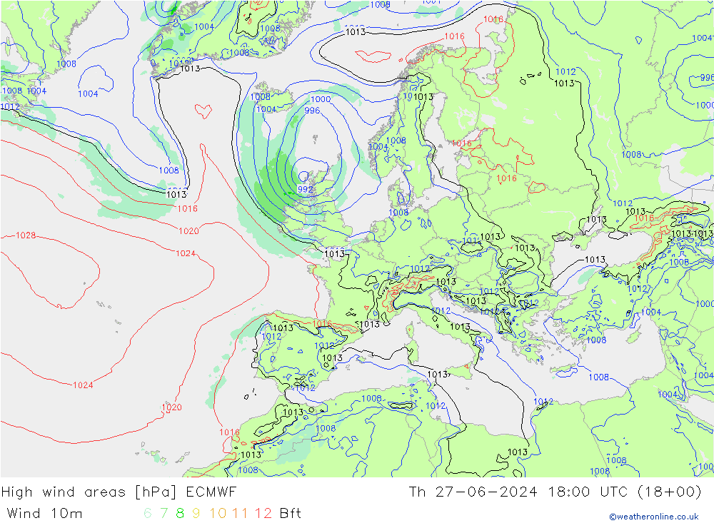 High wind areas ECMWF 星期四 27.06.2024 18 UTC