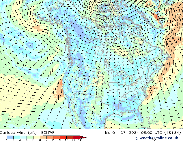 Wind 10 m (bft) ECMWF ma 01.07.2024 06 UTC