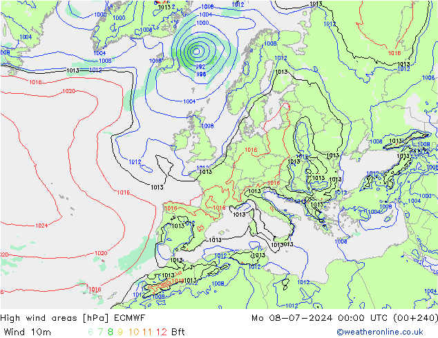 High wind areas ECMWF 星期一 08.07.2024 00 UTC
