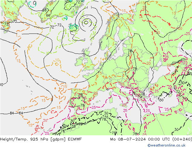 Height/Temp. 925 hPa ECMWF 星期一 08.07.2024 00 UTC