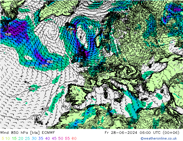 Rüzgar 850 hPa ECMWF Cu 28.06.2024 06 UTC