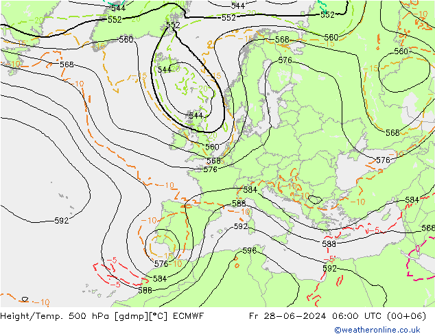 Hoogte/Temp. 500 hPa ECMWF vr 28.06.2024 06 UTC