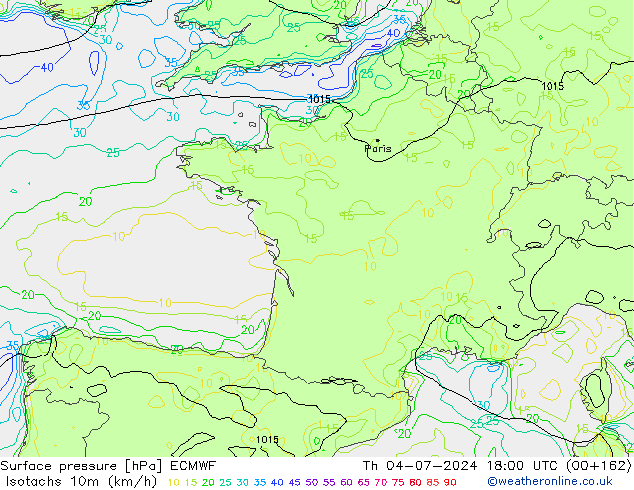 Isotachs (kph) ECMWF чт 04.07.2024 18 UTC
