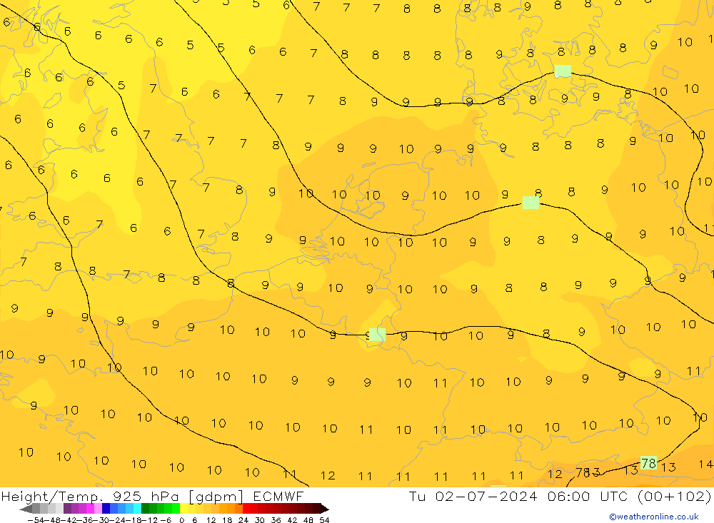 Hoogte/Temp. 925 hPa ECMWF di 02.07.2024 06 UTC