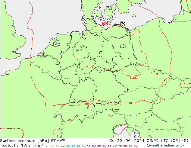 Isotachen (km/h) ECMWF zo 30.06.2024 06 UTC