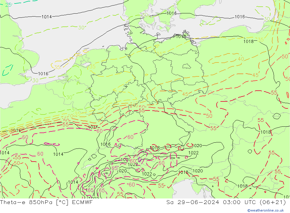 Theta-e 850hPa ECMWF 星期六 29.06.2024 03 UTC