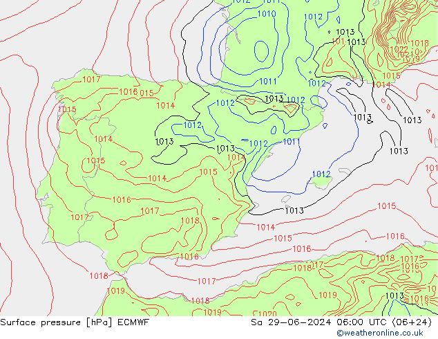 Presión superficial ECMWF sáb 29.06.2024 06 UTC