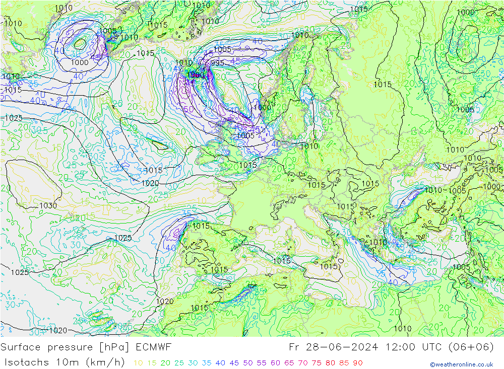 10米等风速线 (kph) ECMWF 星期五 28.06.2024 12 UTC