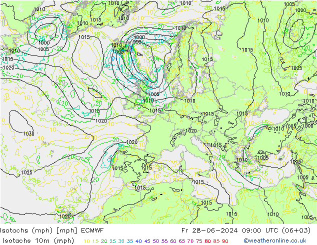 Isotachs (mph) ECMWF 星期五 28.06.2024 09 UTC