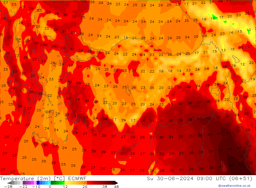 Temperatuurkaart (2m) ECMWF zo 30.06.2024 09 UTC