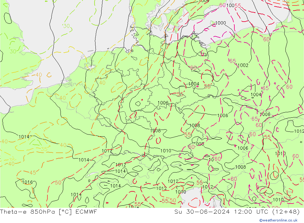 Theta-e 850hPa ECMWF zo 30.06.2024 12 UTC