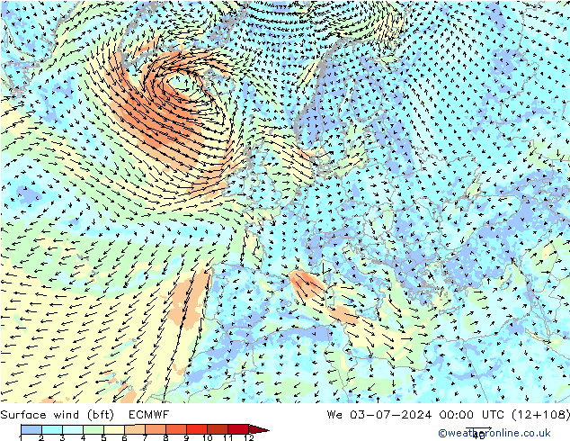 Wind 10 m (bft) ECMWF wo 03.07.2024 00 UTC