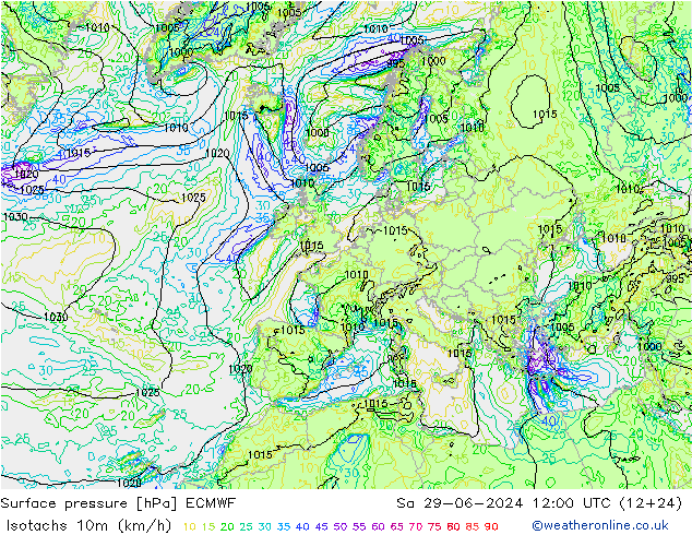 Isotachen (km/h) ECMWF za 29.06.2024 12 UTC
