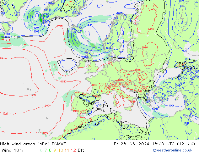 High wind areas ECMWF 星期五 28.06.2024 18 UTC