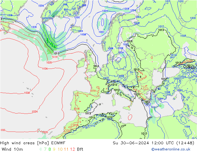High wind areas ECMWF 星期日 30.06.2024 12 UTC