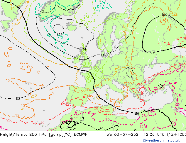Height/Temp. 850 hPa ECMWF 星期三 03.07.2024 12 UTC