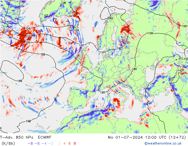 T-Adv. 850 hPa ECMWF 星期一 01.07.2024 12 UTC
