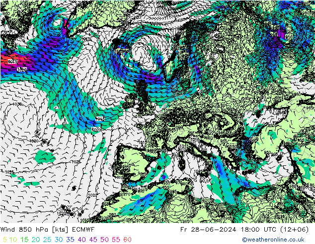 风 850 hPa ECMWF 星期五 28.06.2024 18 UTC