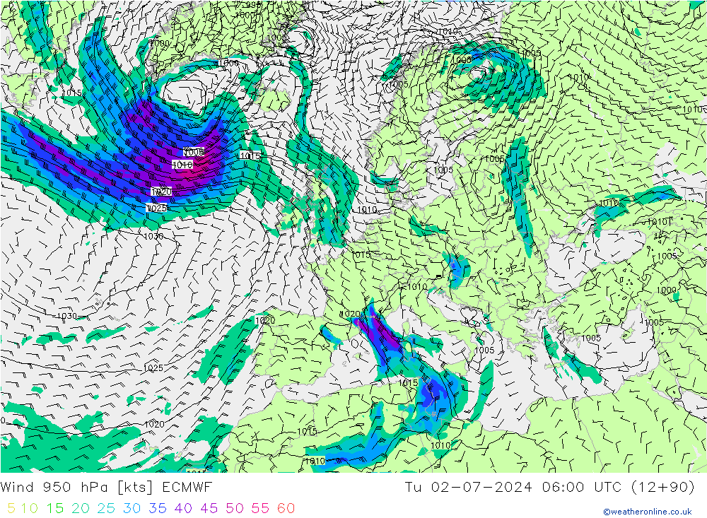 风 950 hPa ECMWF 星期二 02.07.2024 06 UTC