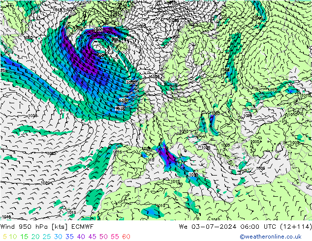Wind 950 hPa ECMWF wo 03.07.2024 06 UTC