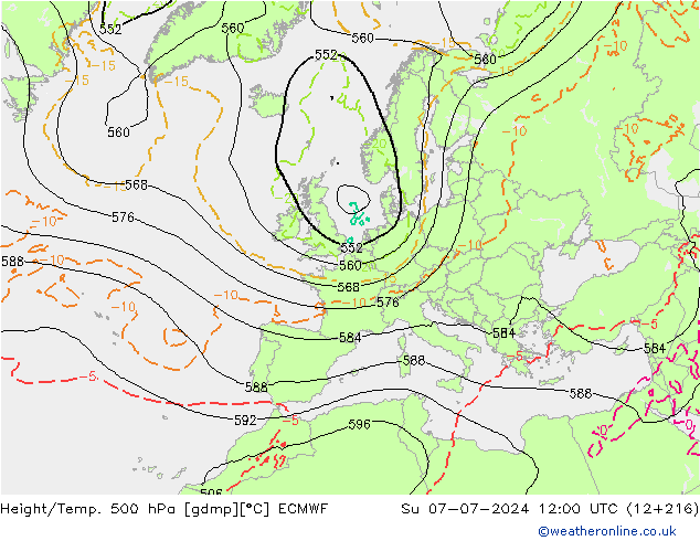 Hoogte/Temp. 500 hPa ECMWF zo 07.07.2024 12 UTC