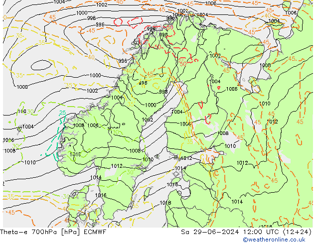 Theta-e 700hPa ECMWF 星期六 29.06.2024 12 UTC